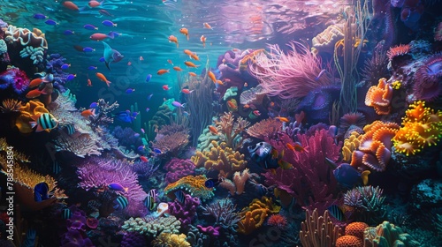 A colorful coral reef teeming with life, showcasing a diverse ecosystem of fish, corals, and other marine creatures in vibrant underwater hues. © Plaifah