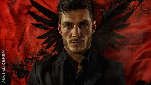 A portrait of a handsome Albanian man highlighted by the vibrant colors of the Albanian flag. Naturally beautiful Albanian man with a feeling of national pride.