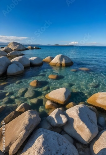Clear shallow waters with large rocks on the shore leading into a blue sea under a blue sky with scattered clouds