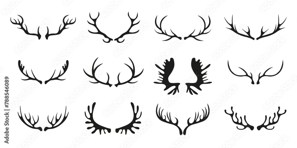 Black silhouettes of different deer horns on white. Deer antlers. Collection of vector elements on the theme of of hunting, tourism and environment. Black silhouettes of different deer horns on white. Deer antlers. Collection of vector elements on the theme of of hunting, tourism and environment.