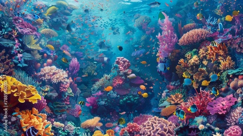 A colorful coral reef teeming with life, showcasing a diverse ecosystem of fish, corals, and other marine creatures in vibrant underwater hues.