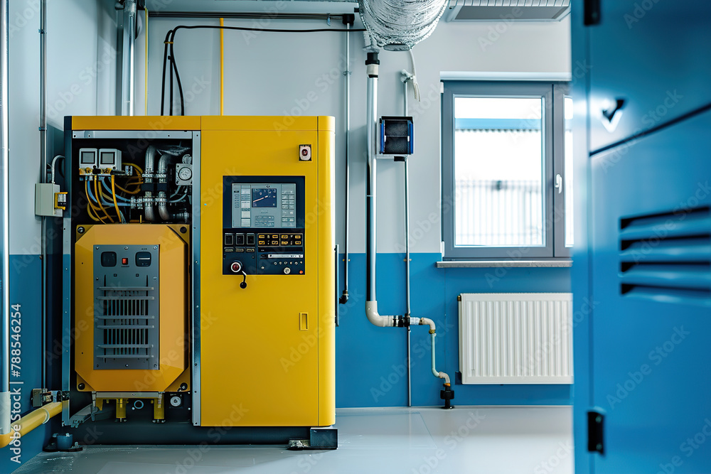 Modern, clean and well lit industrial boiler room in yellow and blue, with a large gas electric boiler in the corner of the room. Innovative solutions. Modern technologies. Place for text. Banner Modern, clean and well lit industrial boiler room in yellow and blue, with a large gas electric boiler in the corner of the room. Innovative solutions. Modern technologies. Place for text. Banner