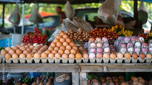 A colorful farmer's market stall piled high with fresh organic eggs, showcasing the wholesome goodness of farm-fresh produce. photo