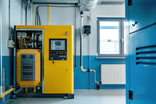 Modern, clean and well lit industrial boiler room in yellow and blue, with a large gas electric boiler in the corner of the room. Innovative solutions. Modern technologies. Place for text. Banner