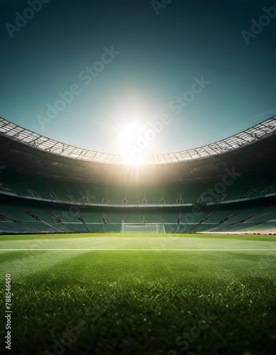 Empty soccer stadium with green grass under a bright sun with clear skies