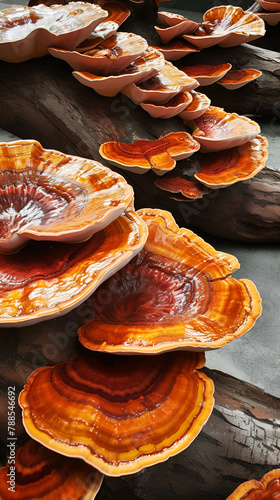 Close-up reishi mushrooms growing on tree trunk Traditional Chinese medicine Ganoderma lucidum