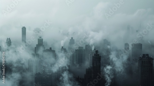A desolate urban landscape obscured by thick clouds of cigarette smoke, illustrating the pervasive nature of smoking-related air pollution in cities. #788547016