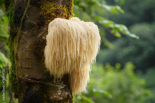 lions mane mushroom or Hericium erinaceus growing on tree trunk in forest Traditional oriental medicine Alternative treatment health support Fungus theme Mycology science