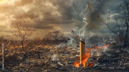 A dramatic image of a cigarette igniting a wildfire in a dry forest, illustrating the environmental devastation and dangers of careless smoking behavior. photo