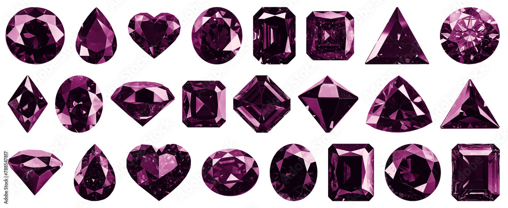Set of fantasy-colored crimson pink gems. Illustration set of precious stones. Different cuts, fantasy mystic style. Isolated jewels, diamonds gem set. Circle, triangle, drop, heart, rhombus, square Set of fantasy-colored crimson pink gems. Illustration set of precious stones. Different cuts, fantasy mystic style. Isolated jewels, diamonds gem set. Circle, triangle, drop, heart, rhombus, square