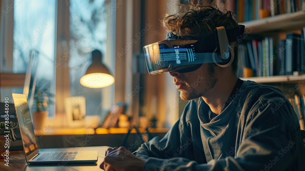 A young person wearing VR glasses works on a laptop at home A young person wearing VR glasses works on a laptop at home