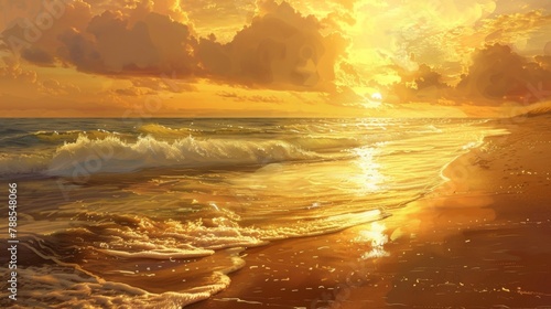 A golden sunset casting warm hues across a tranquil beach, painting the sky with shades of orange and gold, creating a breathtaking natural spectacle.