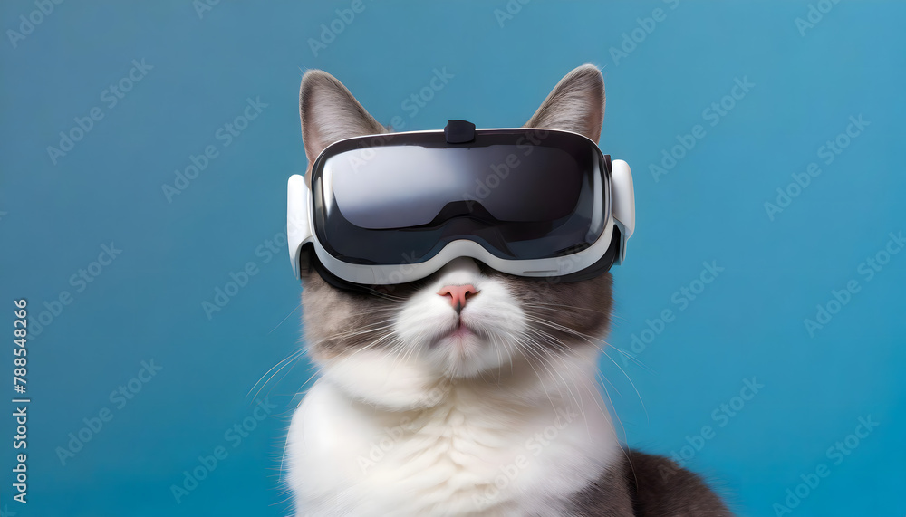 Cat with virtual reality headset on blue background. Pet with immersive vr technology.