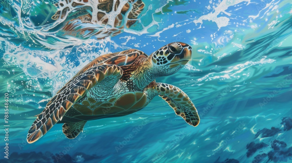 Fototapeta premium A graceful sea turtle gliding effortlessly through crystal-clear waters, its ancient silhouette embodying the timeless beauty of ocean life.