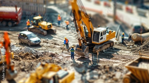 A close-up of workers operating heavy machinery in a construction site, with cranes lifting materials and bulldozers shaping the terrain. photo