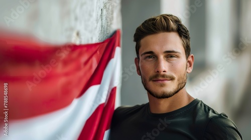 A portrait of a handsome Austrian man highlighted by the vibrant colors of the Austrian flag. Naturally beautiful Austrian man with a feeling of national pride. photo