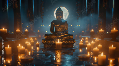 Meditating Buddha statue with candles