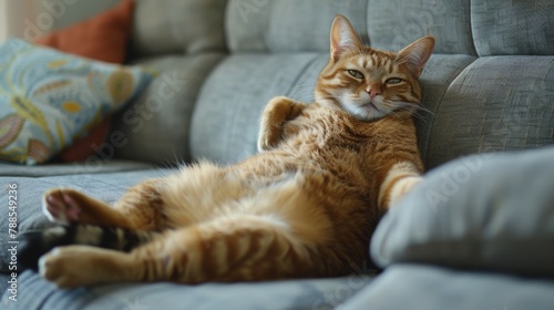A lazy fat cat sitting with a funny gesture on the comfortable couch. Domestic life animals photo