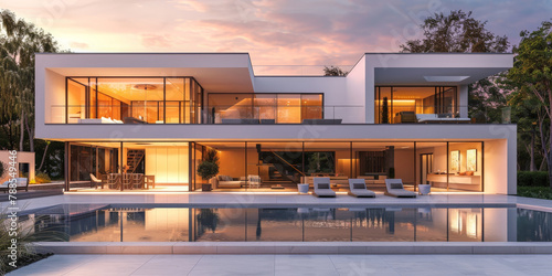 Modern house with swimming pool and terrace in the style of white modern architecture. Exterior of modern villa