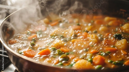 A close-up shot of a bubbling pot of vegetable curry simmering on the stove, filling the kitchen with the aroma of spices and coconut milk. photo