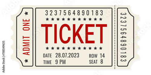 Retro admit one ticket to cinema, exhibition, theater, vector.