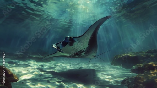 A magnificent manta ray gracefully soaring through the ocean depths, its expansive wingspan casting shadows on the sandy seabed below. © Plaifah
