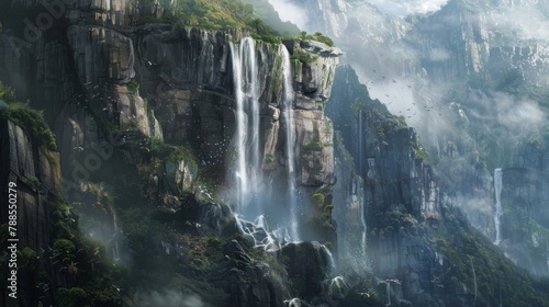 A majestic waterfall cascading down a rocky cliff  symbolizing the power and beauty of nature and the importance of preserving natural landscapes.