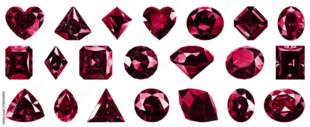 Illustration set of red vine carmine precious stones of different cuts. Popular low poly ruby gems cut set gradation. Circle, triangle, drop, heart, rhombus, square, oval. Decorative luxury real Illustration set of red vine carmine precious stones of different cuts. Popular low poly ruby gems cut set gradation. Circle, triangle, drop, heart, rhombus, square, oval. Decorative luxury real