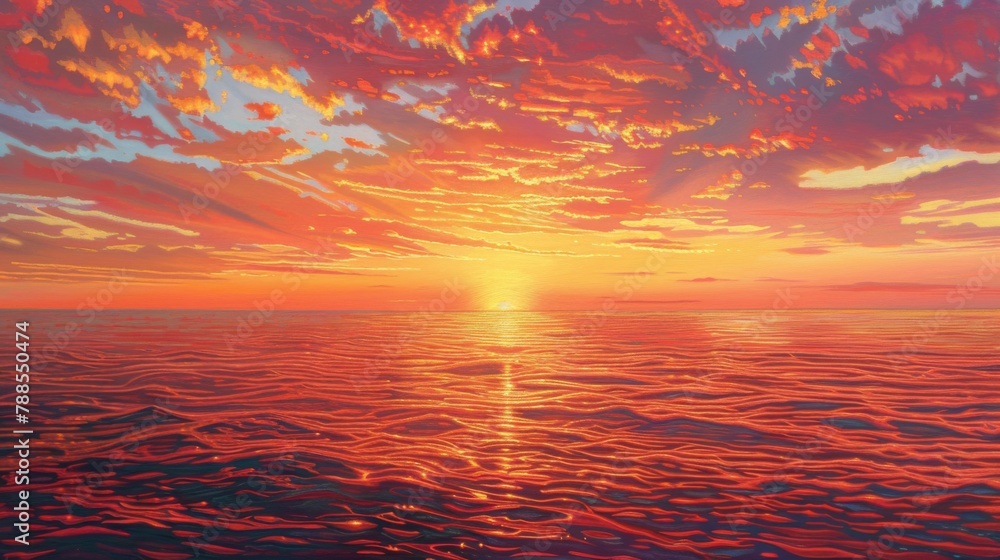 A mesmerizing sunset over the vast expanse of the ocean, painting the sky with vibrant hues of orange and pink, a breathtaking seascape.