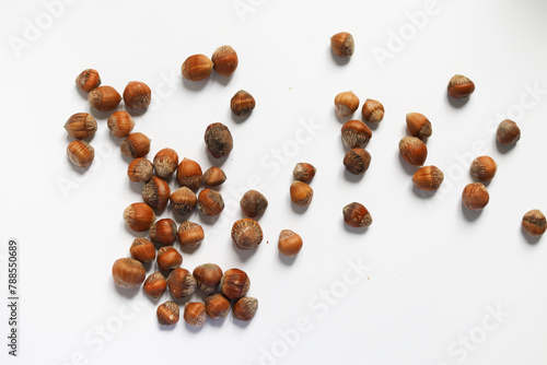 stack of hazelnuts on white background