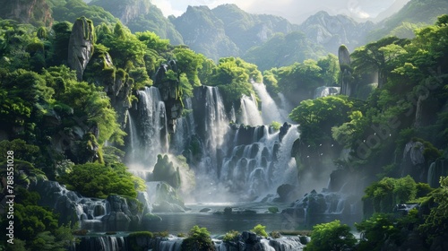A panoramic view of a majestic waterfall cascading down rocky cliffs into a pristine river below, surrounded by lush vegetation.