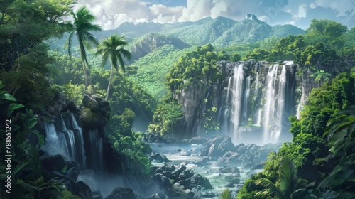 A panoramic view of a majestic waterfall cascading down rocky cliffs into a pristine river below, surrounded by lush vegetation.