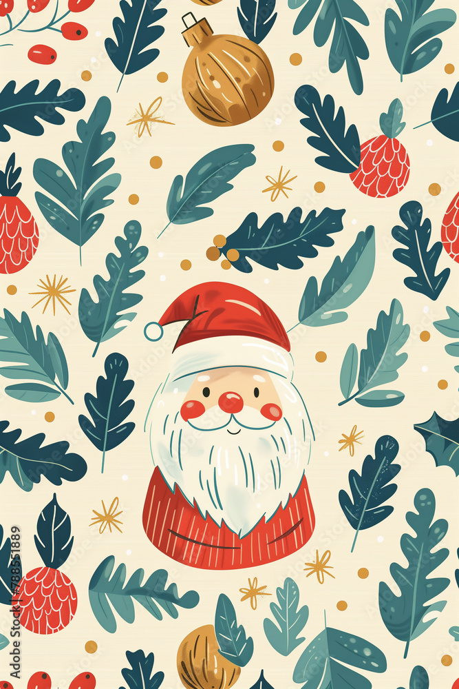 Festive Christmas Pattern with Santa Claus. Illustration of Santa Claus with festive botanical elements, ideal for holiday designs. Festive Christmas Pattern with Santa Claus. Illustration of Santa Claus with festive botanical elements, ideal for holiday designs.