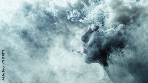 A poignant image of a person coughing and struggling to breathe amidst a cloud of cigarette smoke, highlighting the immediate health risks of smoking. photo