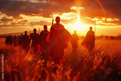 Maasai tribe, traditional attire, Kenyan savannah, cultural dance, sunset photo