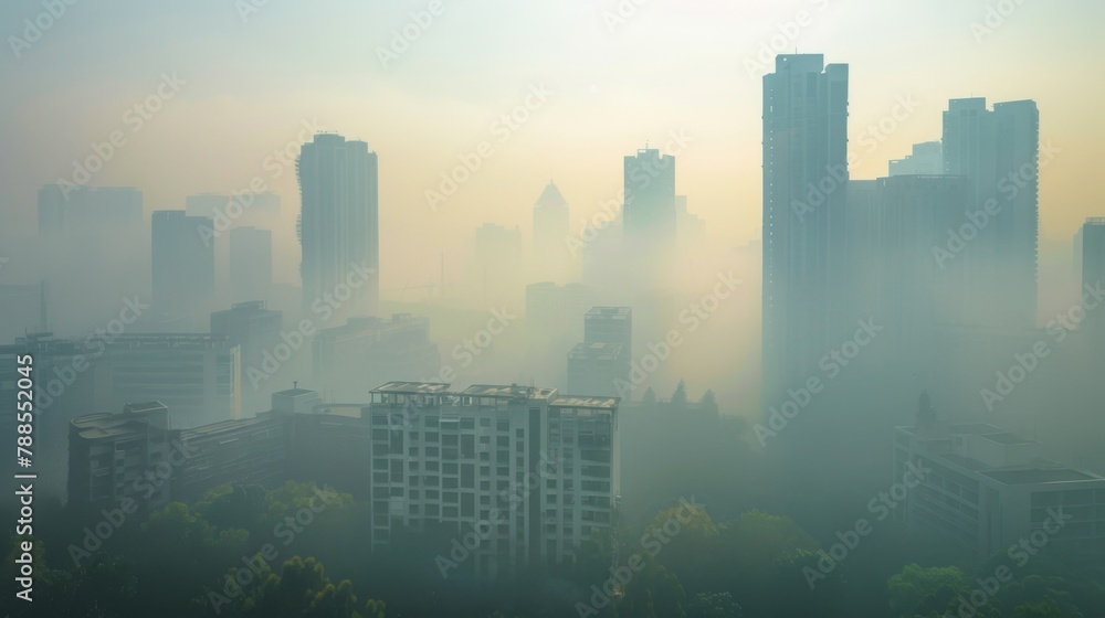 A polluted city skyline obscured by smog and haze, serving as a stark reminder of the urgent need for environmental conservation and clean energy solutions.