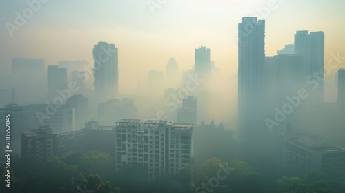 A polluted city skyline obscured by smog and haze, serving as a stark reminder of the urgent need for environmental conservation and clean energy solutions.