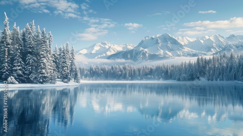 beautiful landscape of a lake with a forested area full of snow and mountains in high resolution and high quality photo