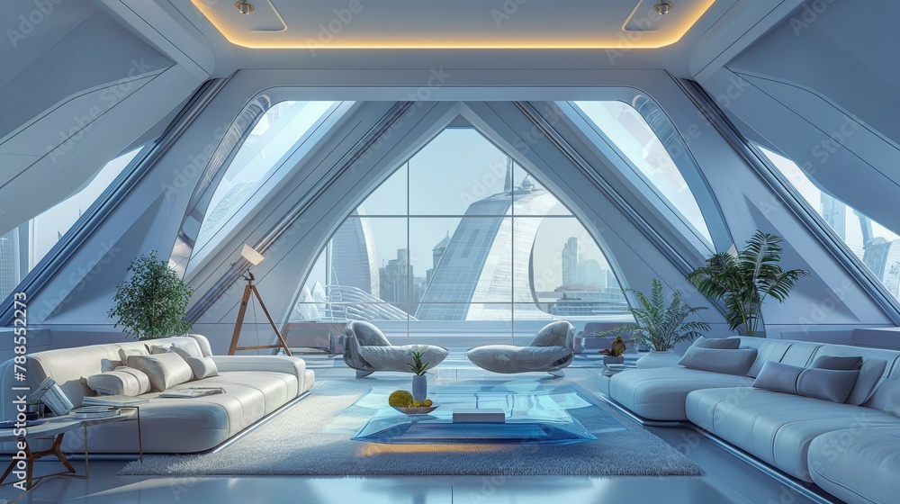 A Spacious And Bright Living Room With A Huge Triangle Window.
