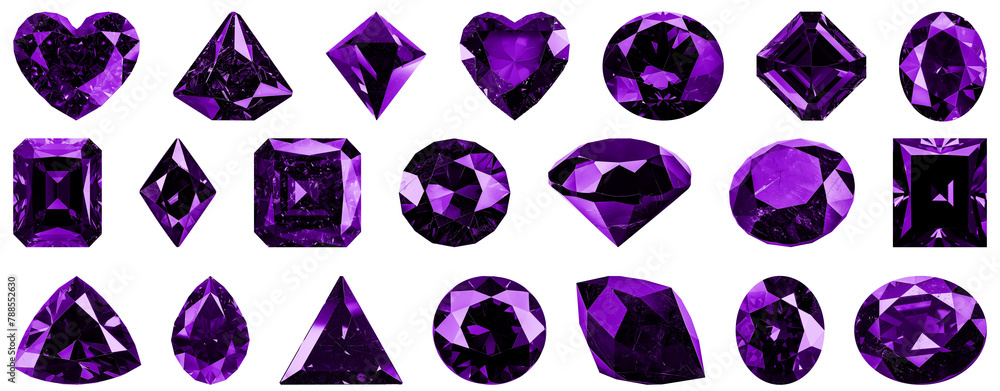 Set of cut-out purple lilac gems, crystals isolated cutout on transparent background. In the shape of a circle, triangle, drop, heart, rhombus, square, oval. Diamonds collection stones different cut Set of cut-out purple lilac gems, crystals isolated cutout on transparent background. In the shape of a circle, triangle, drop, heart, rhombus, square, oval. Diamonds collection stones different cut