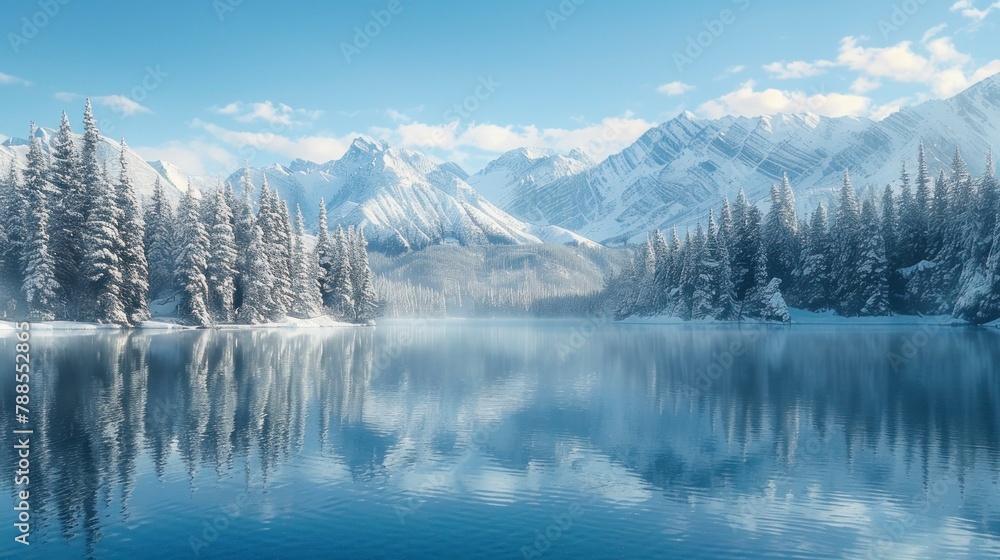 Beautiful landscape of a lake with a forested area full of snow and mountains in high resolution and high quality. winter concept, landscape