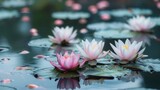 A serene pond surrounded by water lilies in full bloom, their delicate petals floating gracefully on the calm surface of the water.