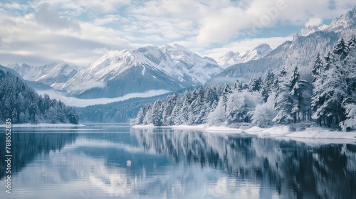 beautiful landscape of a lake with forested area full of snow and mountains
