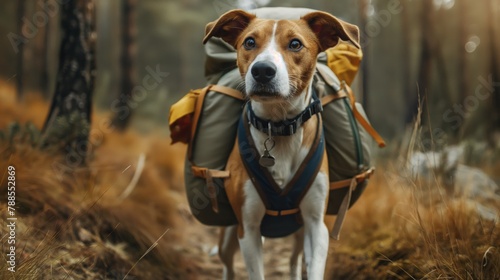 Dog with human-like qualities, carrying a backpack, treks through a sunlit forest
