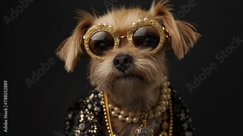 Portrait of a dog in human-like attire with ornate glasses and accessories. Stylish anthropomorphic dog in costume jewelry