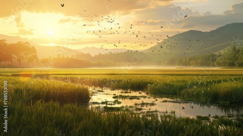 A serene scene of rice paddies bathed in golden sunlight, with a flock of migratory birds taking refuge amidst the tranquil beauty of the countryside. photo