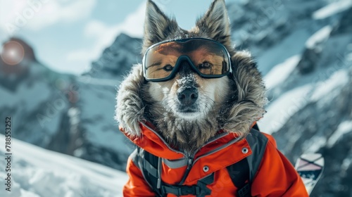 Portrait of an anthropomorphic dog dressed in ski attire posing in a snowy mountain setting photo