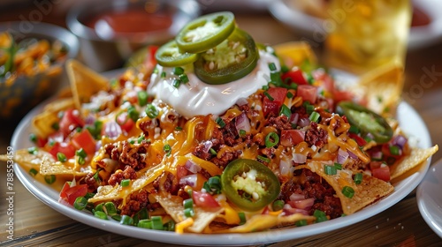Delicious nachos with a touch of sour cream, jalapeos, pico de gallo, cheese, and sour cream, party favorite