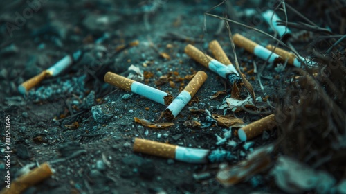 A somber scene of discarded cigarette butts littering the ground, symbolizing environmental pollution and the harmful impact of tobacco waste.