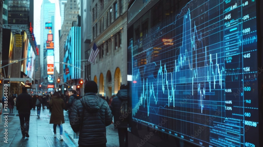 A stock market index chart displayed on a digital billboard in a bustling financial district, reflecting the pulse of global financial markets in real time.